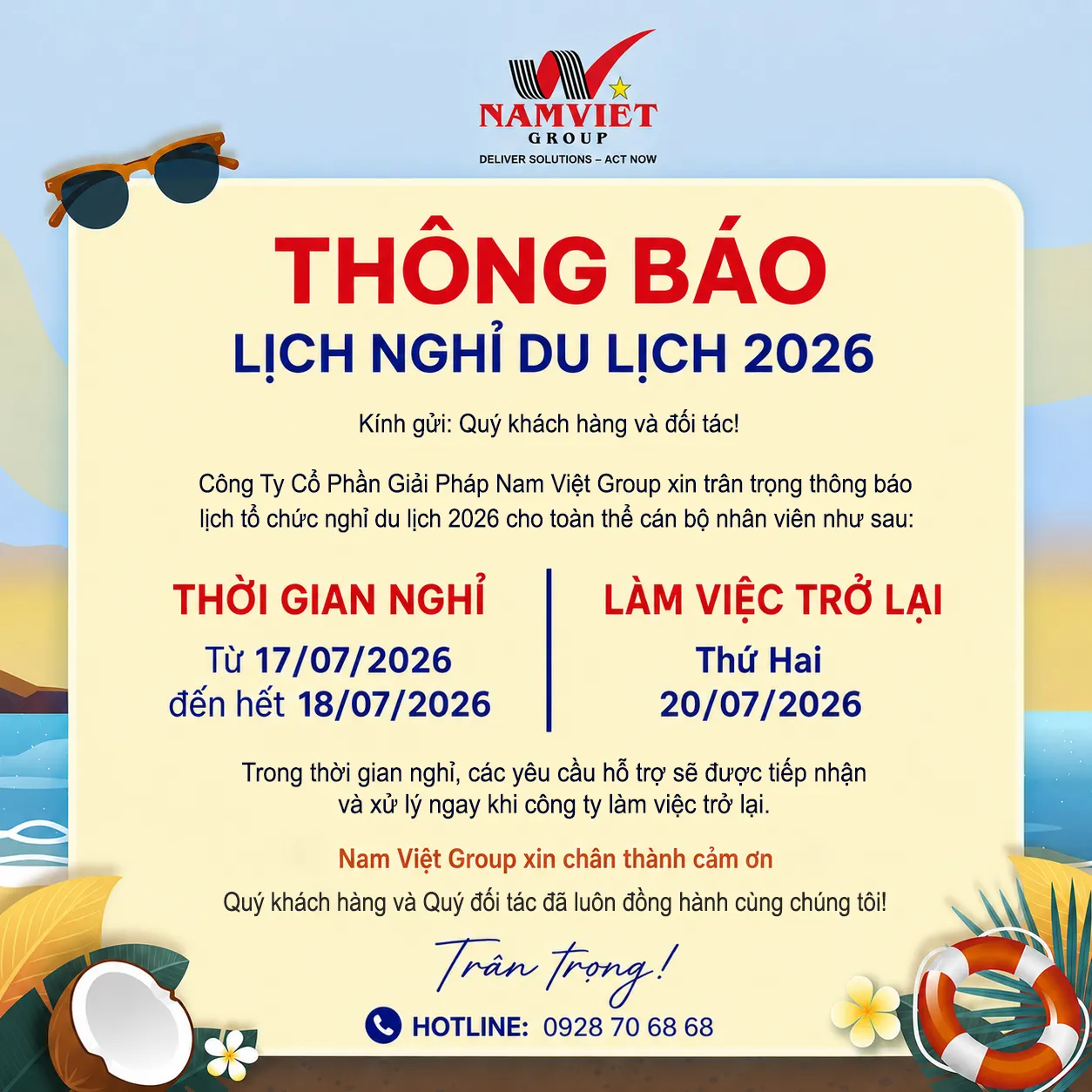 THÔNG BÁO LỊCH NGHỈ DU LỊCH THƯỜNG NIÊN NĂM 2026