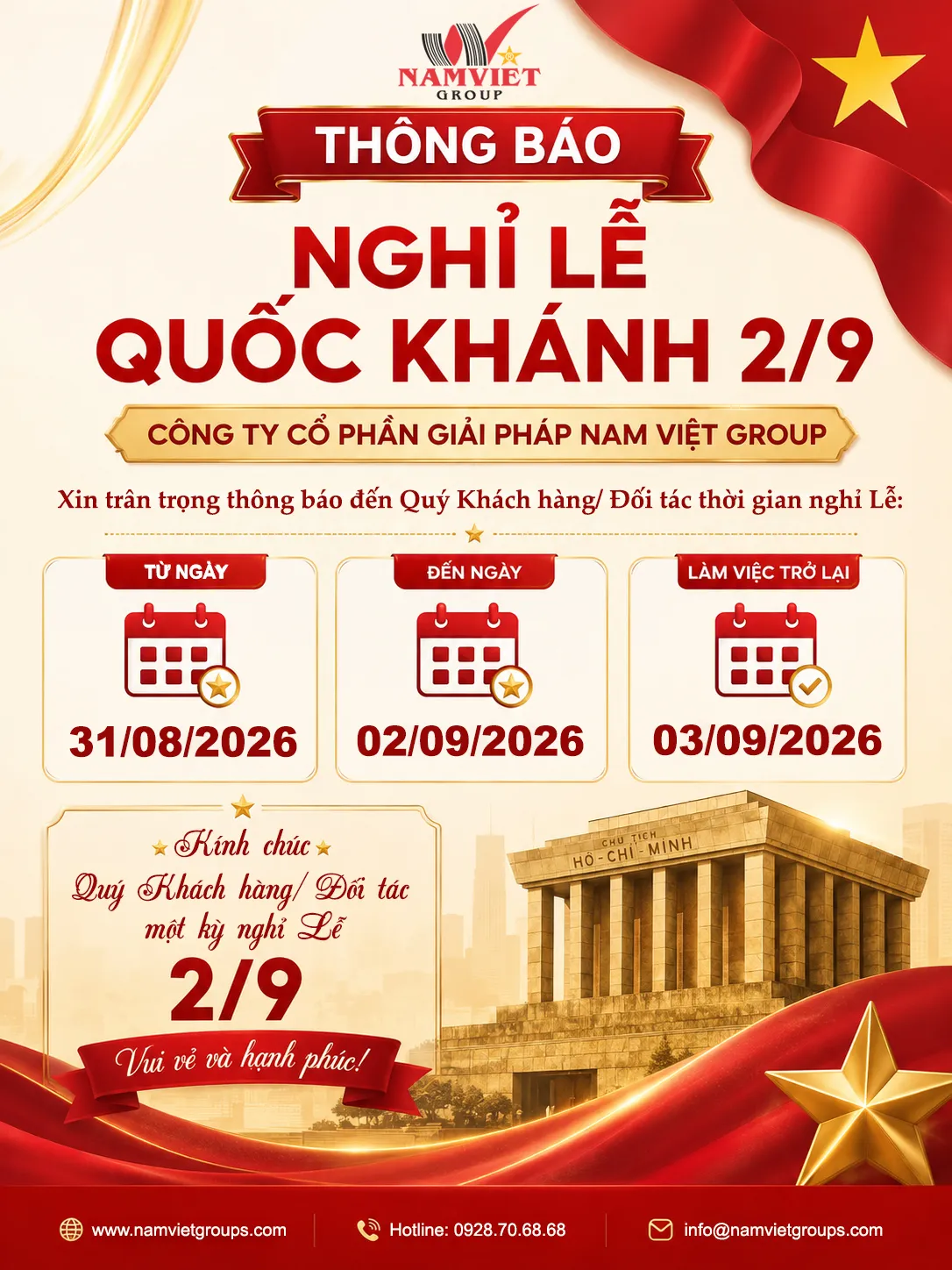 [THÔNG BÁO] LỊCH NGHỈ LỄ QUỐC KHÁNH 2/9/2026