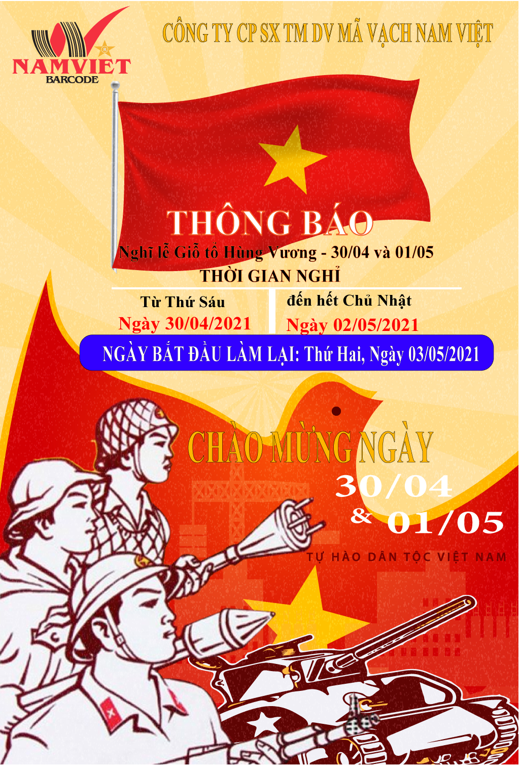 THÔNG BÁO LỊCH NGHỈ LỄ GIỔ TỔ HÙNG VƯƠNG – GIẢI PHÓNG MIỀN NAM VÀ QUỐC TẾ LAO ĐỘNG